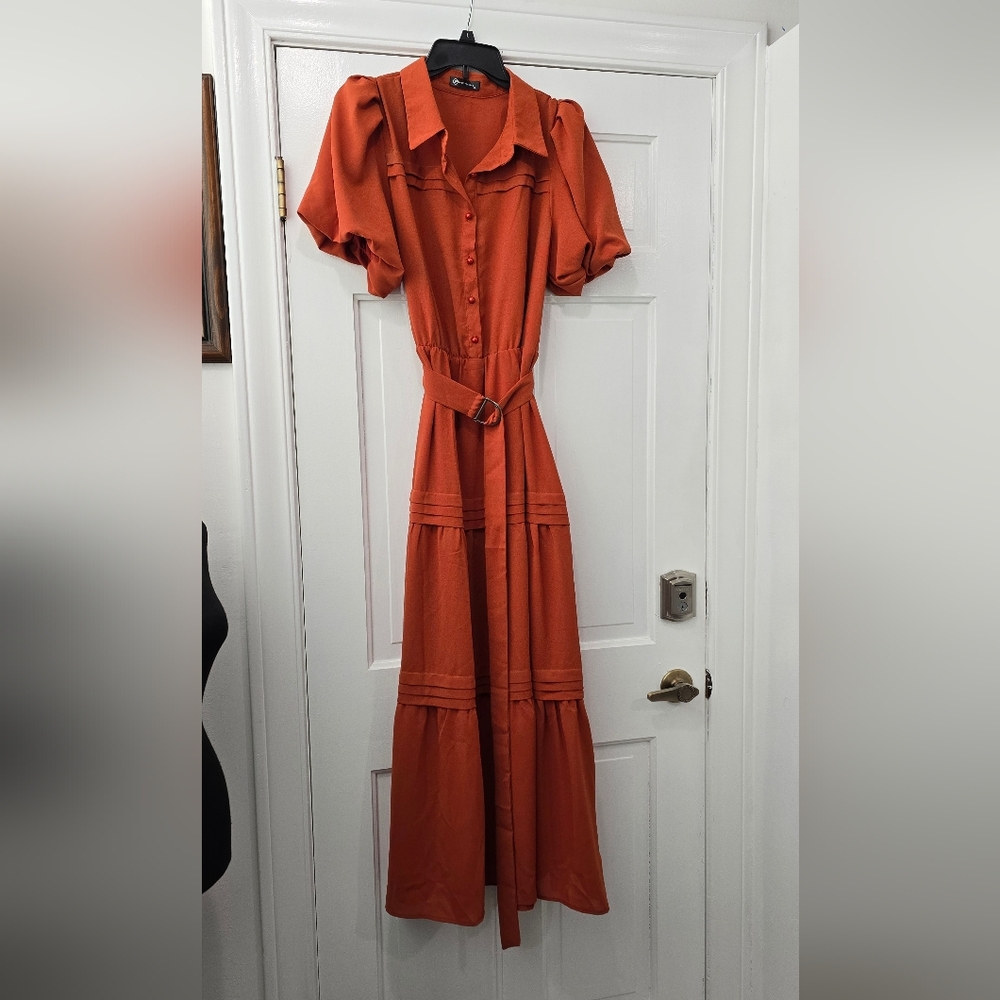 Amazon Orange Buttoned Tie Front Puff Sleeve Dress